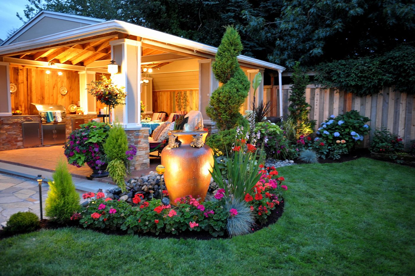 Copper Water Feature at Dusk
